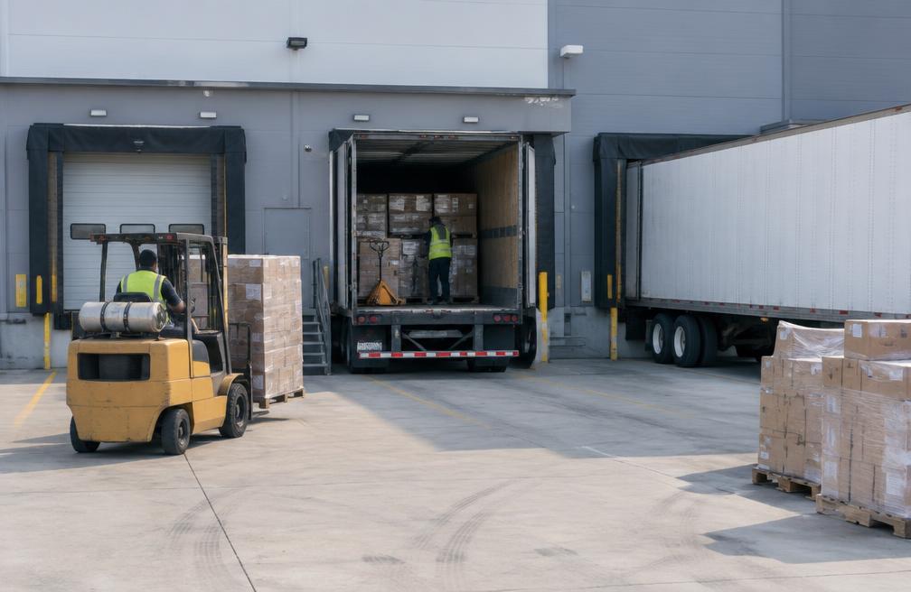 Loading dock with trucks and pallets